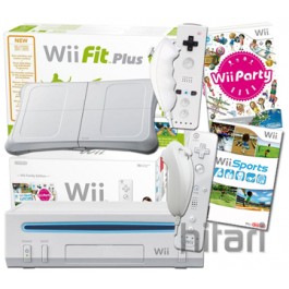 Nintendo Wii White Party Pack with Wii Sports 85 Mini Games Nunchuck Controller Wii Fit Plus and Balance Board