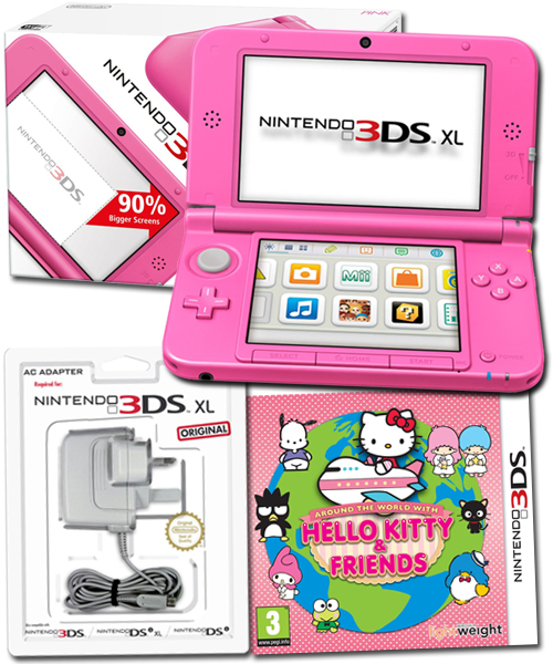Nintendo 3DS XL Pink Console + Around World Hello Kitty + Power Adaptor
